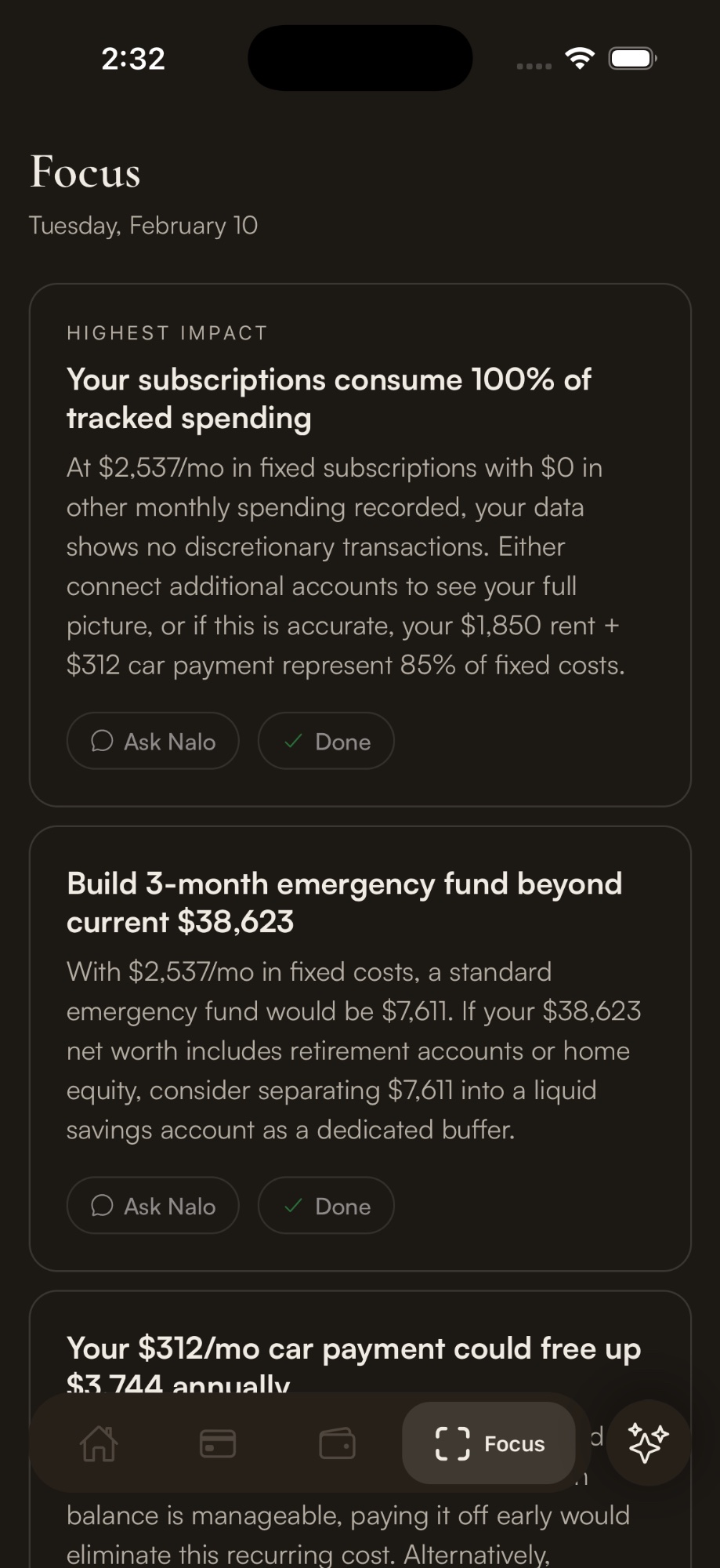 NALO Focus tab with AI-generated daily financial priorities