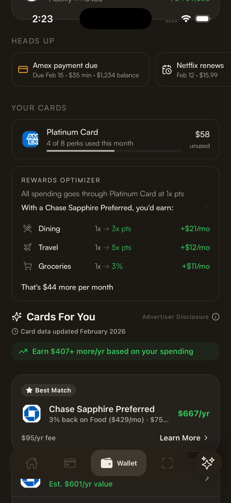 NALO Wallet tab showing rewards optimizer and card perks